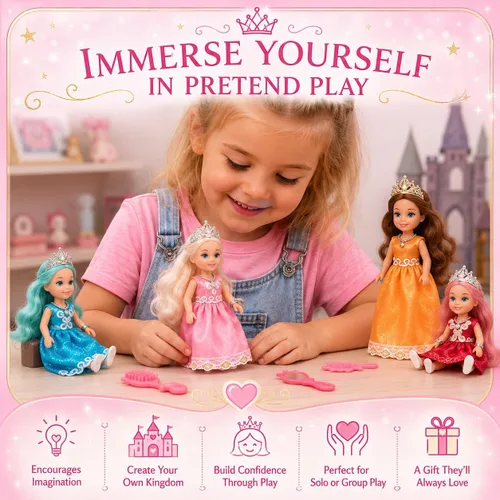 Vista 5 de TOMLEON Juego de muñecas de princesa, 6 muñecas de princesa con vestidos coloridos, coronas y joyas, juego de rol de fantasía para niños