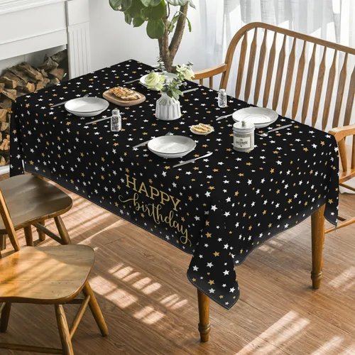 Vista 2 de Horaldaily Mantel rectangular negro de 52 x 70 pulgadas con estampado de estrellas doradas para decoración de cumpleaños, suministros de fiesta