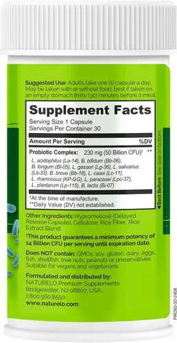 Vista 6 de NATURELO Probióticos para la salud digestiva - 50 mil millones de UFC, suplemento diario de 11 cepas - Estimula el sistema inmunológico, liberación