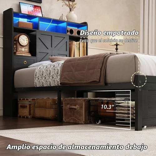 Vista 6 de TIGUBFRE - Base de cama individual con cabecera de almacenamiento, base de cama de madera estilo granja tamaño individual con 3 cajones, luz LED