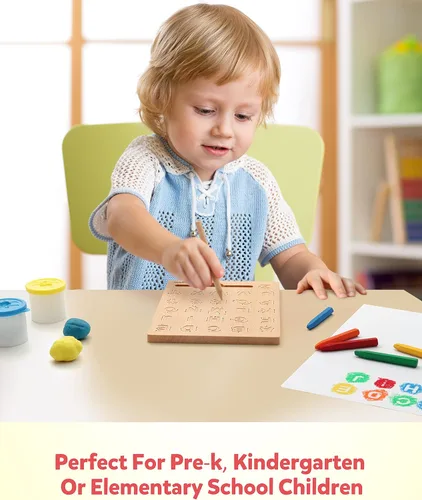 Vista 8 de Coogam Tabla de práctica de letras de madera, herramienta de rastreo del alfabeto de doble cara, herramienta de aprendizaje de escritura ABC, juego