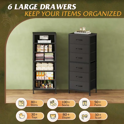 Vista 5 de WLIVE Cómoda Alta Negra para Dormitorio, Cómodas y Arcones de 6 Cajones, Cómoda de Tela para Closet, Sala de Estar, Mesa de Noche con Marco