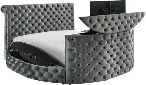 Vista 7 de Base de cama con chimenea y elevador de TV, marco de cama circular con botones acolchonados, cabecera enrollada y ribete de cabeza de clavos
