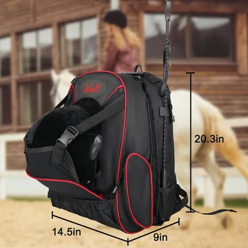 Vista 2 de WOLT Mochila ecuestre profesional para equitación, bolsa de equipo con soporte para casco y múltiples compartimentos