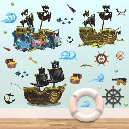 Vista 3 de Calcomanías de pared de barco pirata 3D, calcomanías de pared de naufragio, tema submarino, bricolaje, naufragio, pez, joyería, algas marinas