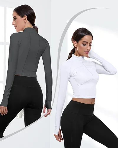 Vista 3 de Neer Paquete de 2 chaquetas de manga larga para mujer, con cremallera de 12, ombligueras de yoga, ajustadas, para correr, con agujeros para el pulgar