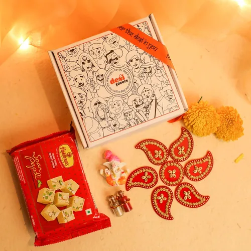 Vista 2 de Desi Favors Soan Papdi Diwali - Caja de regalo para amigos y familia, cestas de regalo Diwali, Rangoli + 8.82 oz Soan Papdi Sweet Box + Roli Chawal