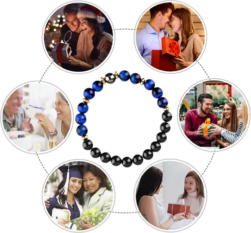 Vista 7 de Pulsera de triple protección de buena suerte, para hombres y mujeres, ojo de tigre azul, obsidiana negra, hematita, riqueza, prosperidad, felicidad
