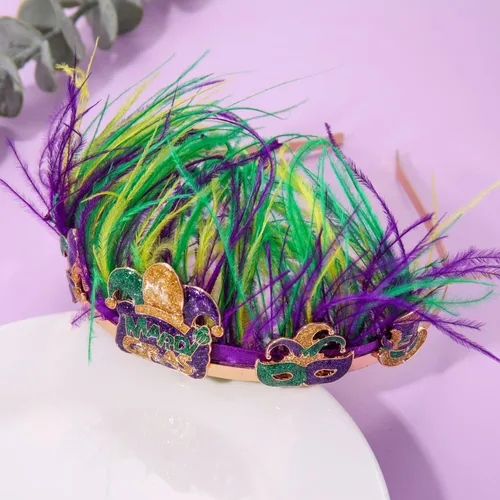Vista 3 de NVENF Diademas de Mardi Gras, accesorios de Mardi Gras, tocados de plumas, máscara de flor de lis, diademas de carnaval para el desfile