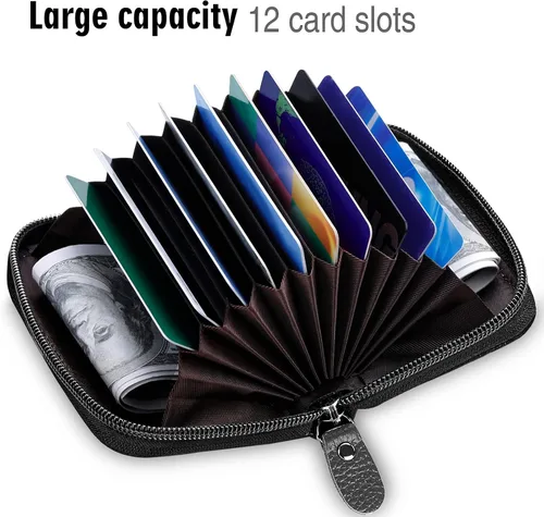 Vista 3 de MaxGear Credit Card Wallet with Zipper Genuine Leather Credit Card Holder with RFID Blocking Small Accordion Wallet