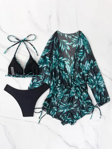 Vista 2 de SHENHE Traje de baño de 3 piezas para mujer, con estampado de hojas, halter, cordón lateral, con cubierta