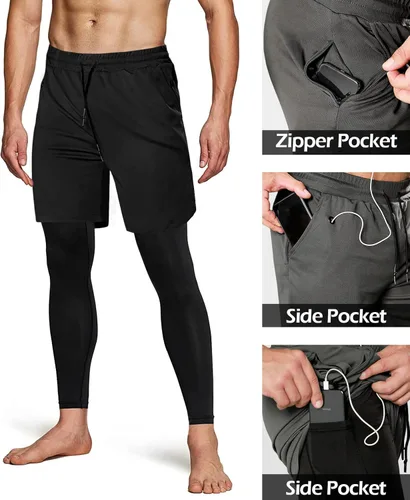 Vista 4 de Aolesy Pantalones de correr 2 en 1 para hombre, pantalones de compresión para entrenamiento de gimnasio para hombre, pantalones deportivos