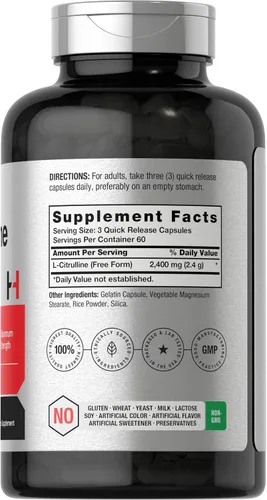 Vista 2 de Horbaach L Citrulina Suplemento para hombres y mujeres 2400 mg 180 cápsulas Máxima fuerza y forma libre Sin OMG, sin gluten