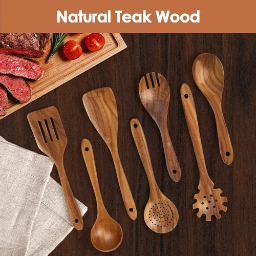 Vista 8 de comfoyar Juego de 7 cucharas de madera de teca para cocinar con espátula