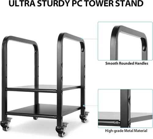 Vista 8 de Soporte de torre para computadora, soporte de piso de PC de altura ajustable de 2 niveles para torre pequeña/media, carrito de metal completo
