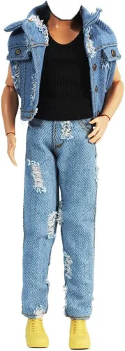 Vista 2 de E-TING 3-artículo Chaleco de mezclilla rasgado chaqueta trajes casuales para muñeca de niño de 12 pulgadas