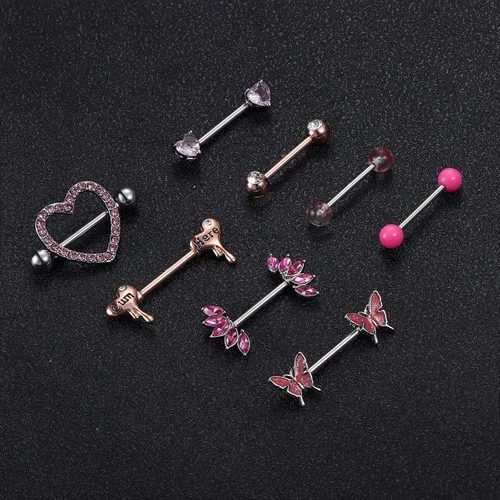 Vista 5 de Besteel 8 Pairs Nipple Rings 14G Stainless Steel Nipplerings CZ Heart Butterfly Ball Tongue Barbell Rings Retainer Body Piercing Jewelry for Women
