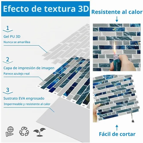 Vista 6 de 10 hojas para despegar y pegar para cocina, baño, azulejos azules de 12 x 12 pulgadas