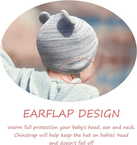 Vista 3 de Somaler Gorros de invierno de punto para bebé, recién nacido, para otoño, lindo gorro con forro de algodón para niños y niñas