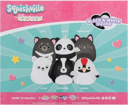 Vista 3 de Squishville de Original Squishmallows Escuadrón Negro y Blanco de Peluche - Seis Peluches Squishmallows de 5 cm Incluyendo Tajo, Kayce, Bambalina