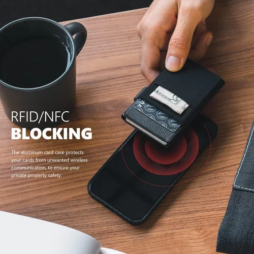 Vista 5 de VULKIT Billetera minimalista con ventana de identificación y bolsillo EDC con bolsillo desplegable para tarjetas de crédito y bloqueo RFID, diseño