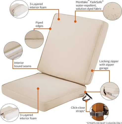 Vista 4 de Classic Accessories Montlake FadeSafe - Cojín para sillas de patio resistente al agua, 44 x 20 x 3 pulgadas, color beige antiguo, juego de cojines