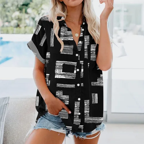 Vista 2 de Blusas elegantes para mujer, de verano 2022, casuales, de manga corta, ajuste holgado, con botones, con estampado de lunares, cuello en V