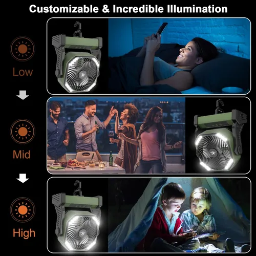 Vista 4 de KITWLEMEN - Ventilador de campamento alimentado por batería de 20 000 mAh, refrigeración máxima de 58 horas, 4 velocidades, luz brillante y gancho
