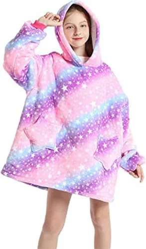 Vista 9 de JAMBHALA Manta de gran tamaño con capucha para niños, sudadera con capucha de franela cálida y esponjosa con bolsillos para niños y adolescentes