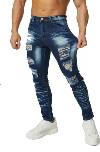Vista 5 de HUNGSON Pantalones de mezclilla ajustados rasgados para hombre