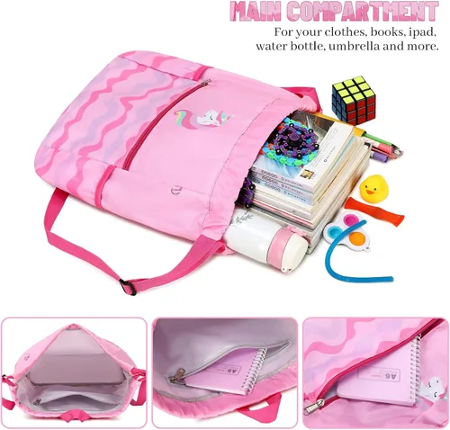 Vista 4 de Ryushoyo Bolsa impermeable con cordón para gimnasio, mochila deportiva para hombres, mujeres, niñas y niños, Unicornio Wave Rosa