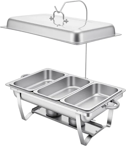 Vista 17 de Calentador de alimentos de acero inoxidable, juego de platos de bufé rectangular, estufa de buffet, juego de calentador de bufé para uso doméstico