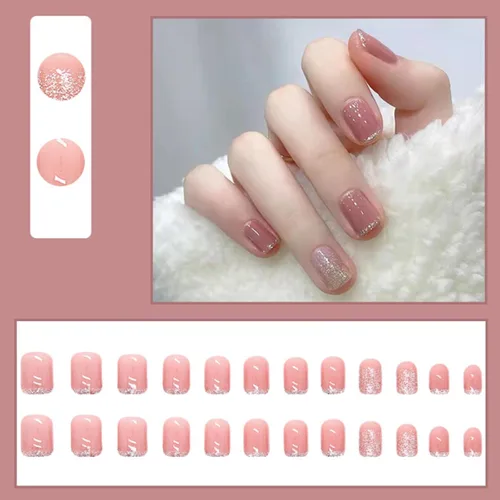 Vista 3 de Hkanlre Uñas postizas cortas de color rosa a presión, cuadradas, brillantes, cobertura completa, francesas, para mujeres y niñas, 24