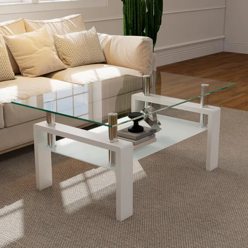 Vista 10 de IANIYA Mesa de Centro de Vidrio, Mesa de Centro Rectangular Negra para Sala de Estar con Vidrio Templado y Tubo de Metal, 2 Niveles de Espacio
