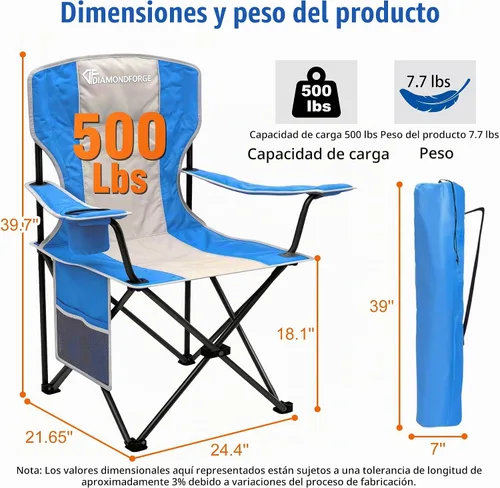 Vista 2 de Silla de camping, sillas de césped con respaldo alto de 500 libras 500 libras azul gris