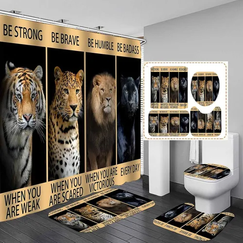 Vista 9 de Juego de 4 cortinas de ducha de rey león negro, citas inspiradoras, palabras motivacionales positivas y educativas, decoración de baño de animales