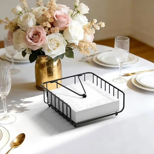 Vista 6 de Paquete de 2 servilleteros para mesa con brazo pesado, servilleteros planos de metal para servilletas de papel, dispensador de servilletas al aire