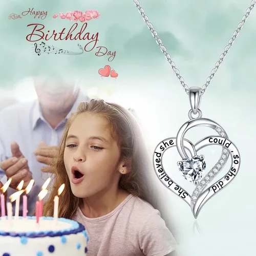 Vista 6 de Iefil 925 Sterling Silver Heart Birthstone for Women,Inspirational Gifts for Women She Believed She Could So She Did Necklace Birthday Inspirational