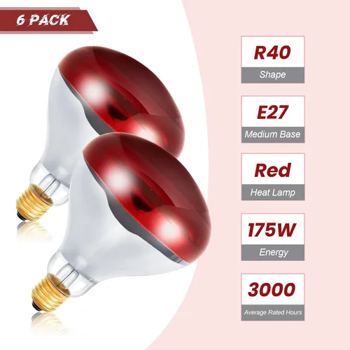 Vista 3 de Treela 6 bombillas infrarrojas rojas de 110 V 175 W, base media E26, lámpara de calor rojo, bombillas de inundación, luz de calor para baño, pollos