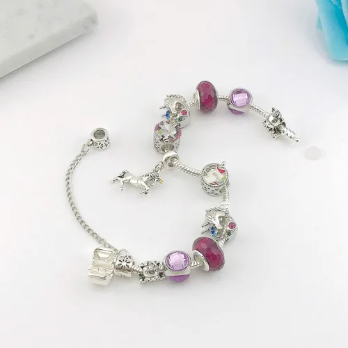 Vista 4 de YOUFENG Pulsera de Dijes de Cuentas de Amor para Mujeres Cadena de Serpiente Dije de Unicornio Dijes de Flores Pulseras Regalos de Cumpleaños