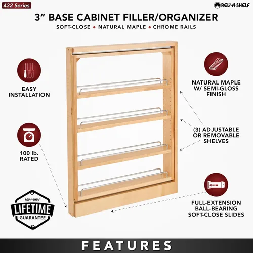 Vista 5 de Rev-A-Shelf Base Filler - Estante organizador extraíble para armarios de cocina y baño con apertura de 3 pulgadas, rodamientos de bolas, toboganes