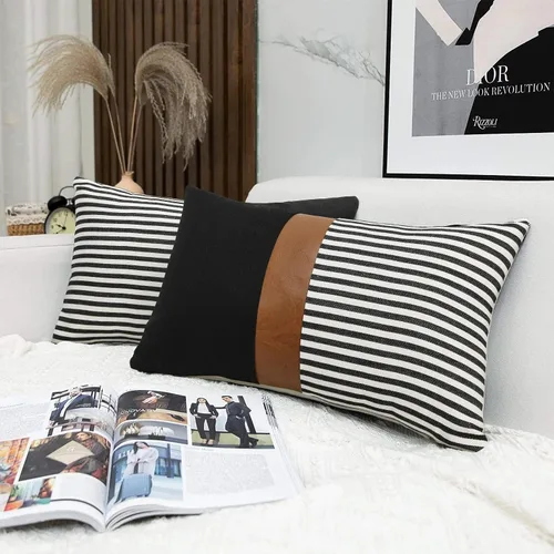 Vista 15 de Cygnus - Juego de 2 fundas de almohada de 16 x 16 pulgadas hechas de lino y de la unión de distintas telas con diseño de rayas para decoración Negro