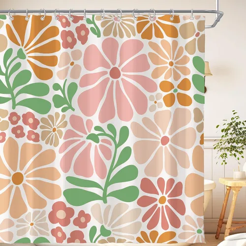 Vista 9 de Cortina de ducha pequeña para casa rodante, tamaño medio, estilo retro de los 70, con flores bonitas, estética abstracta de margaritas, decorativa