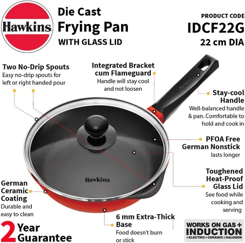 Vista 2 de HAWKINS Sartén de 9.4 in compatible con inducción con tapa de cristal, color rojo (IDCF24G)