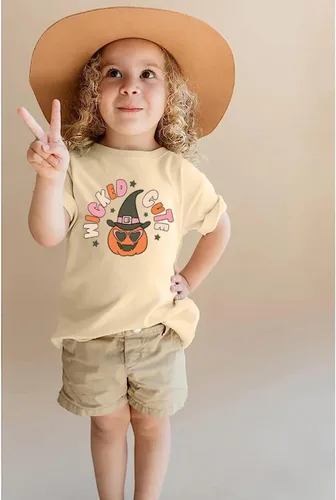 Vista 2 de Wicked - Lindas camisetas retro de Halloween para niños y niñas pequeñas con diseño de cara de calabaza, camiseta de manga corta para otoño