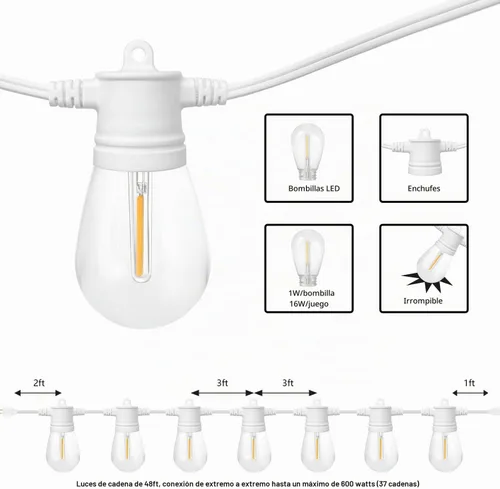 Vista 2 de SUNTHIN - Cadena de luces blancas de 48 pies, luces exteriores blancas con 16 bombillas LED inastillables de 1 W para patio, jardín, porche, café