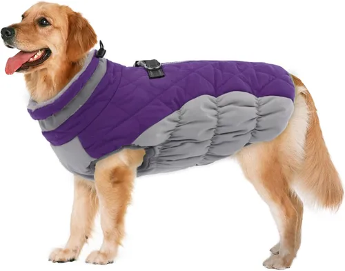 Vista 46 de Lelepet Abrigo cálido para perro, abrigo de invierno para perro, chaqueta impermeable para perros con arnés integrado reflectante de forro polar