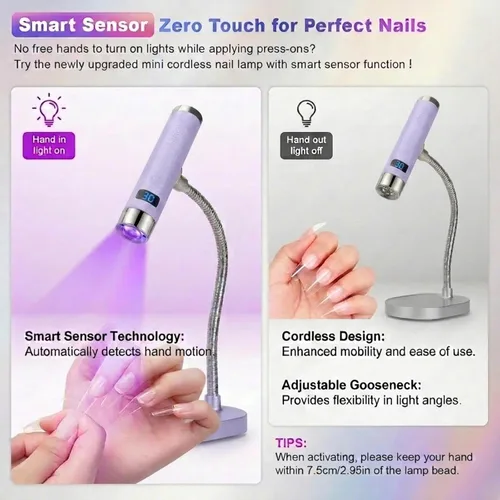 Vista 2 de Linssy Mini Luz UV para Uñas con Sensor Automático y Soporte de Cuello de Cisne, Lámpara de Uñas Inalámbrica Portátil con Pantalla LCD, Luz UV