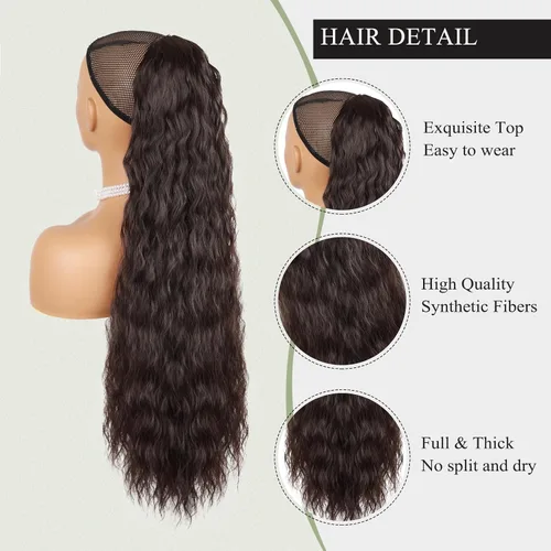 Vista 6 de Extensión de cola de caballo larga y rizada para mujeres/niñas, 26 pulgadas de alto, con cordón, extensiones de cabello con clip, extensiones
