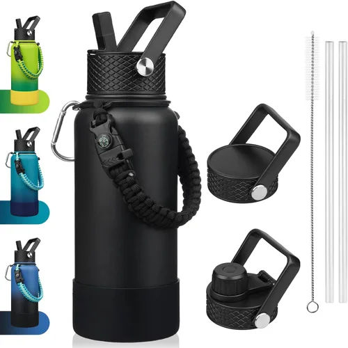 Vista 38 de BJPKPK - Botella de agua con tapa de popote, botellas de agua aisladas de 18 onzas con 3 tapas, asa de cuerda de paracaídas y base antideslizante